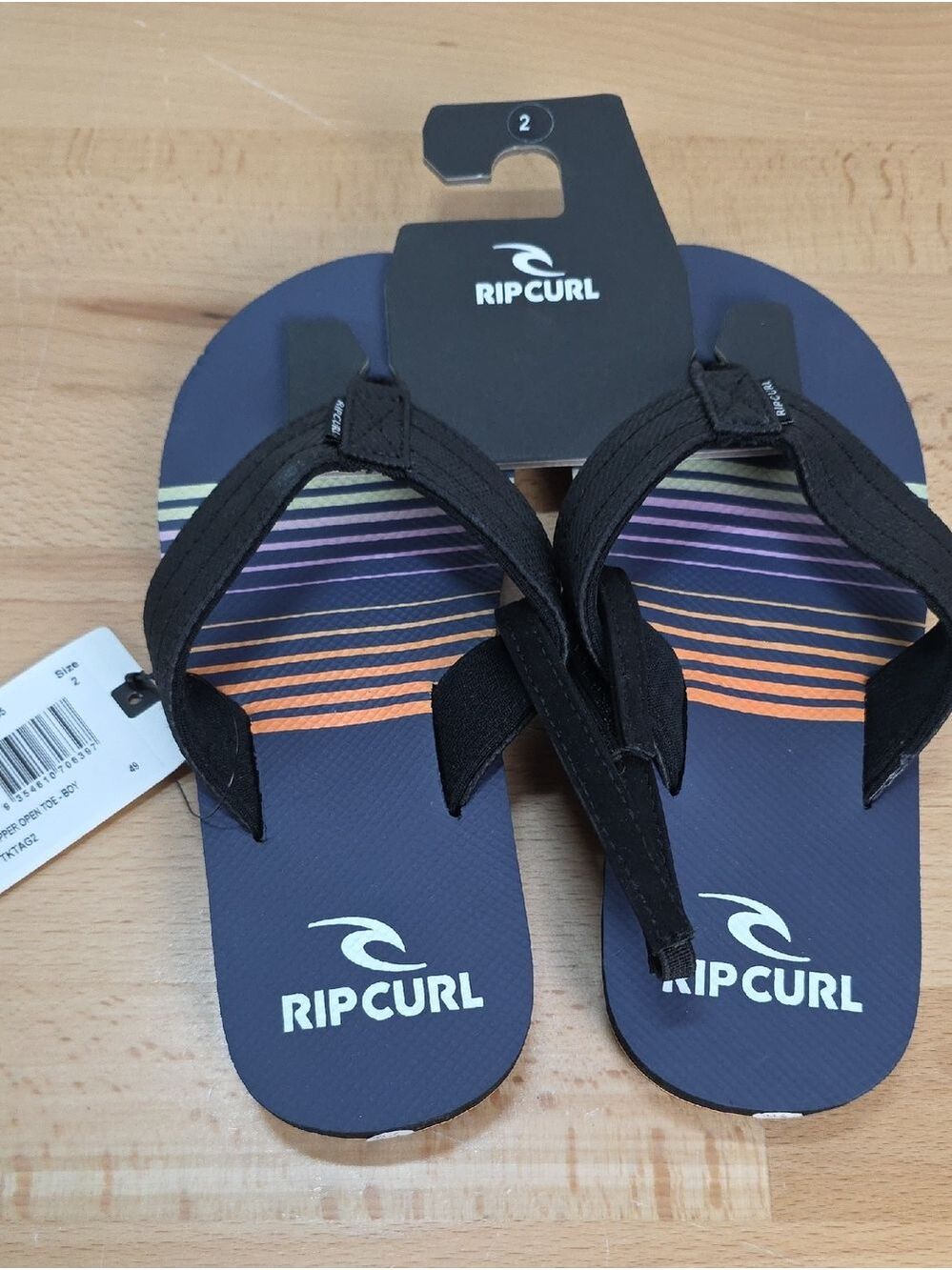 Rip Curl Kids Black & Navy Striped Flip Flops Size 2